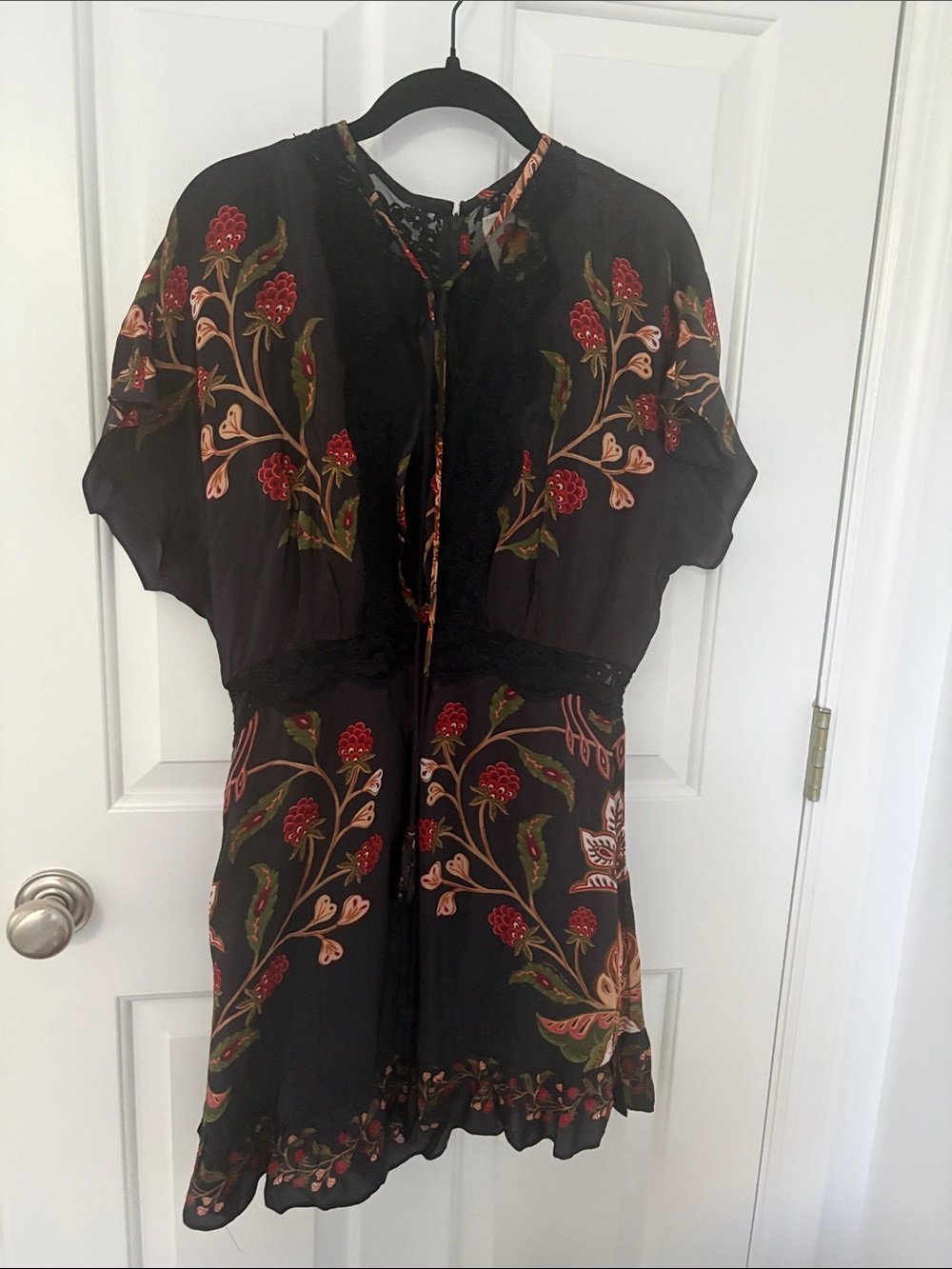 FARM Rio Black Mini Dress with Red & Green Floral Embroidery